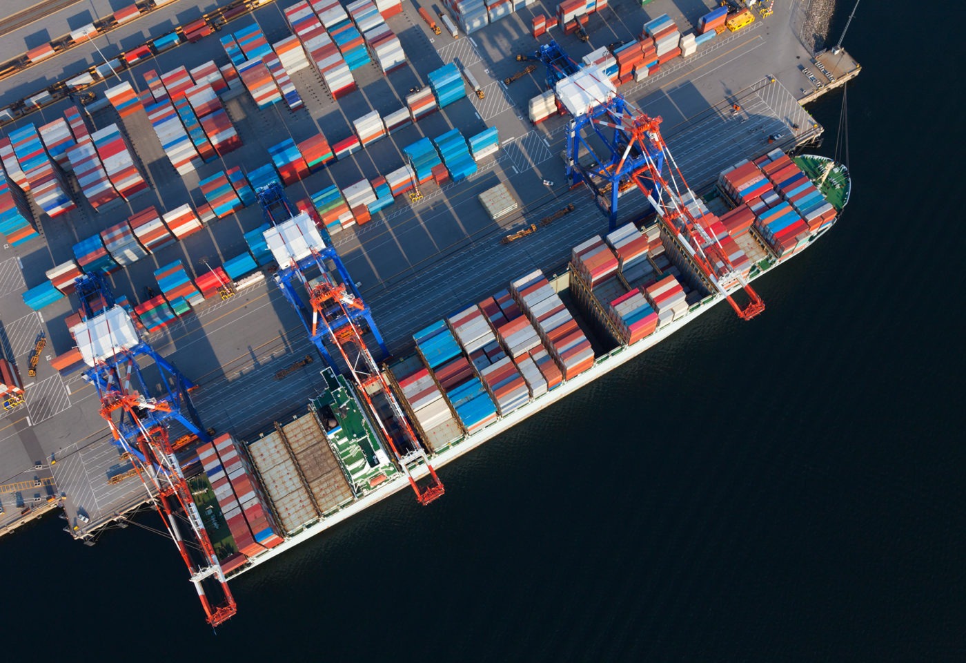 Aerial view of container ship at a port in British Columbia, Canada